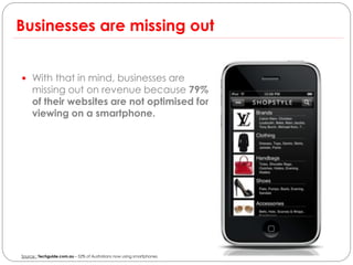 Businesses are missing out


 With that in mind, businesses are
     missing out on revenue because 79%
     of their websites are not optimised for
     viewing on a smartphone.




Source : Techguide.com.au – 52% of Australians now using smartphones
 