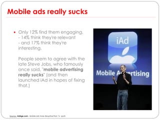 Mobile ads really sucks

     Only 12% find them engaging,
         - 14% think they're relevant
         - and 17% think they're
         interesting.

         People seem to agree with the
         late Steve Jobs, who famously
         once said, "mobile advertising
         really sucks" (and then
         launched iAd in hopes of fixing
         that.)




Source : AdAge.com – Mobile ads more disruptive than tv spots
 