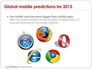Global mobile predictions for 2013

   The mobile web becomes bigger than mobile apps
        With the fragmentation of the numbers of apps store, it’s
        now be reached on his mobile website.




Source : FredCavazza.net – Mes predictions pour 2013
 