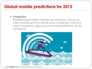 Global mobile predictions for 2013

         Integration
              Establishing a mobile strategy has become a focus for
              many brands and this will be a key challenge in 2013 to
              which marketers, agencies and mobile platforms will all
              contribute.




Source : Wallblog.co.uk – What mobile needs to do to have a great 2013
 