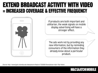 If products are both important and
                                                                utilitarian, the weak signals on mobile
                                                                      display advertising will have a
                                                                             stronger effect.



                                                                  The ads work not by providing any
                                                                  new information, but by reminding
                                                                  consumers of the information they
                                                                   already know about a particular
                                                                              product.



Source: http://www4.gsb.columbia.edu/ideasatwork/feature/7233030/Smartphone+Ads+That+Work
 