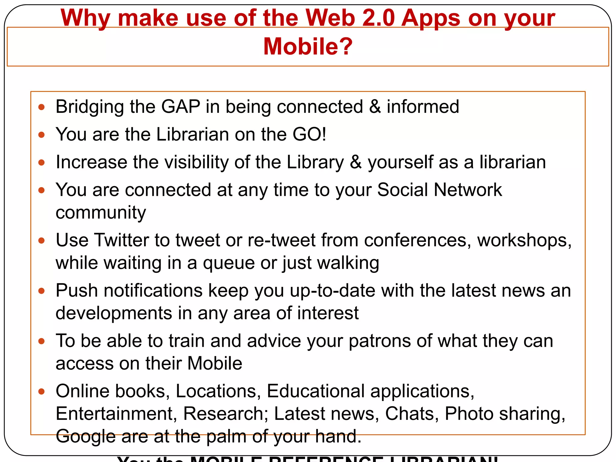 Examples of Library Mobile Portalshttp://www.bu.edu/lawlibrary/mobile/http://www.library.american.edu/mobile/http://www.bc.edu/sites/libraries/m/