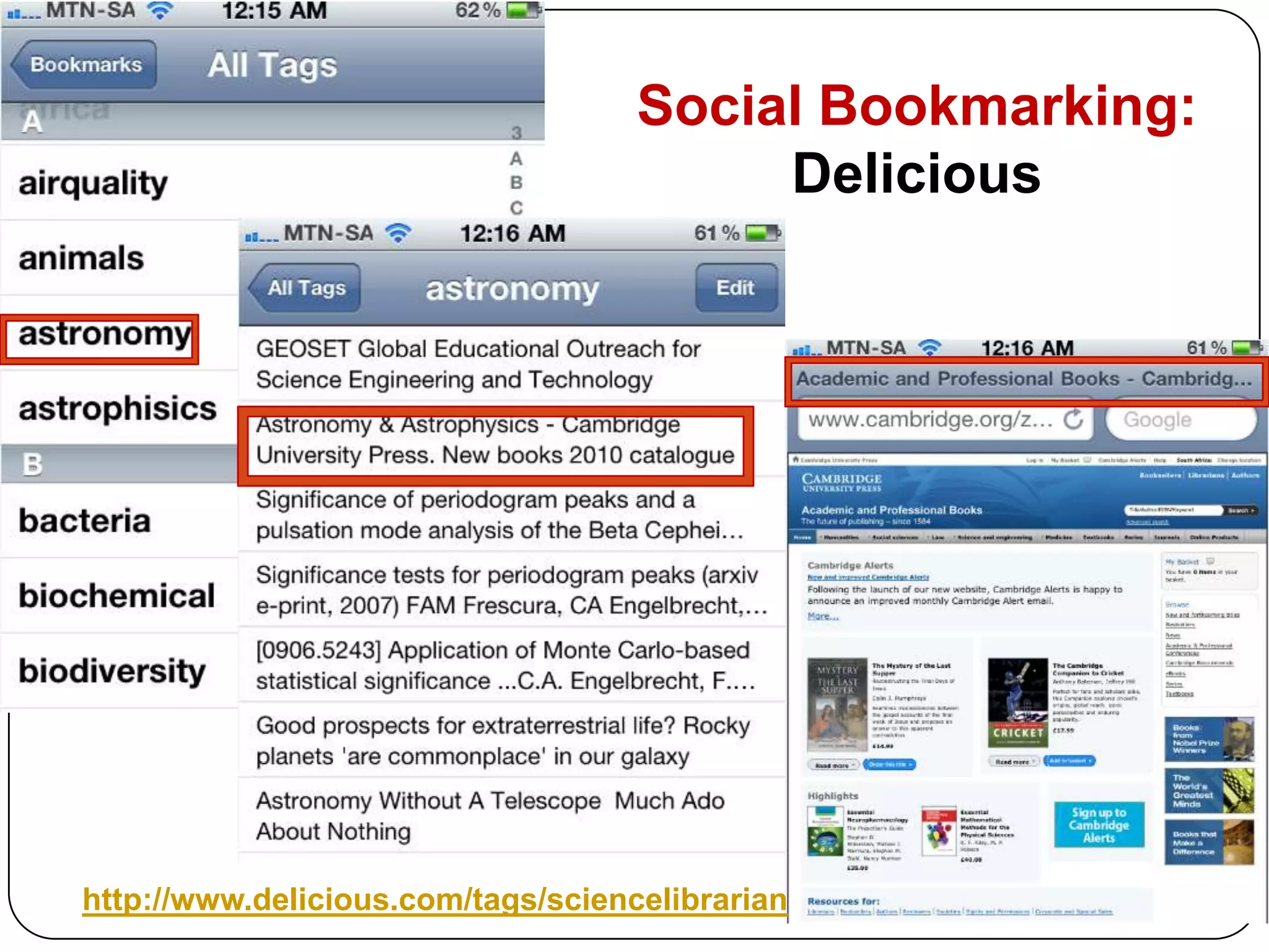 Why make use of the Web 2.0 Apps on your Mobile?Bridging the GAP in being connected & informedYou are the Librarian on the GO! Increase the visibility of the Library & yourself as a librarianYou are connected at any time to your Social Network community Use Twitter to tweet or re-tweet from conferences, workshops, while waiting in a queue or just walkingPush notifications keep you up-to-date with the latest news an developments in any area of interestTo be able to train and advice your patrons of what they can access on their MobileOnline books, Locations, Educational applications, Entertainment, Research; Latest news, Chats, Photo sharing, Google are at the palm of your hand. You the MOBILE REFERENCE LIBRARIAN!