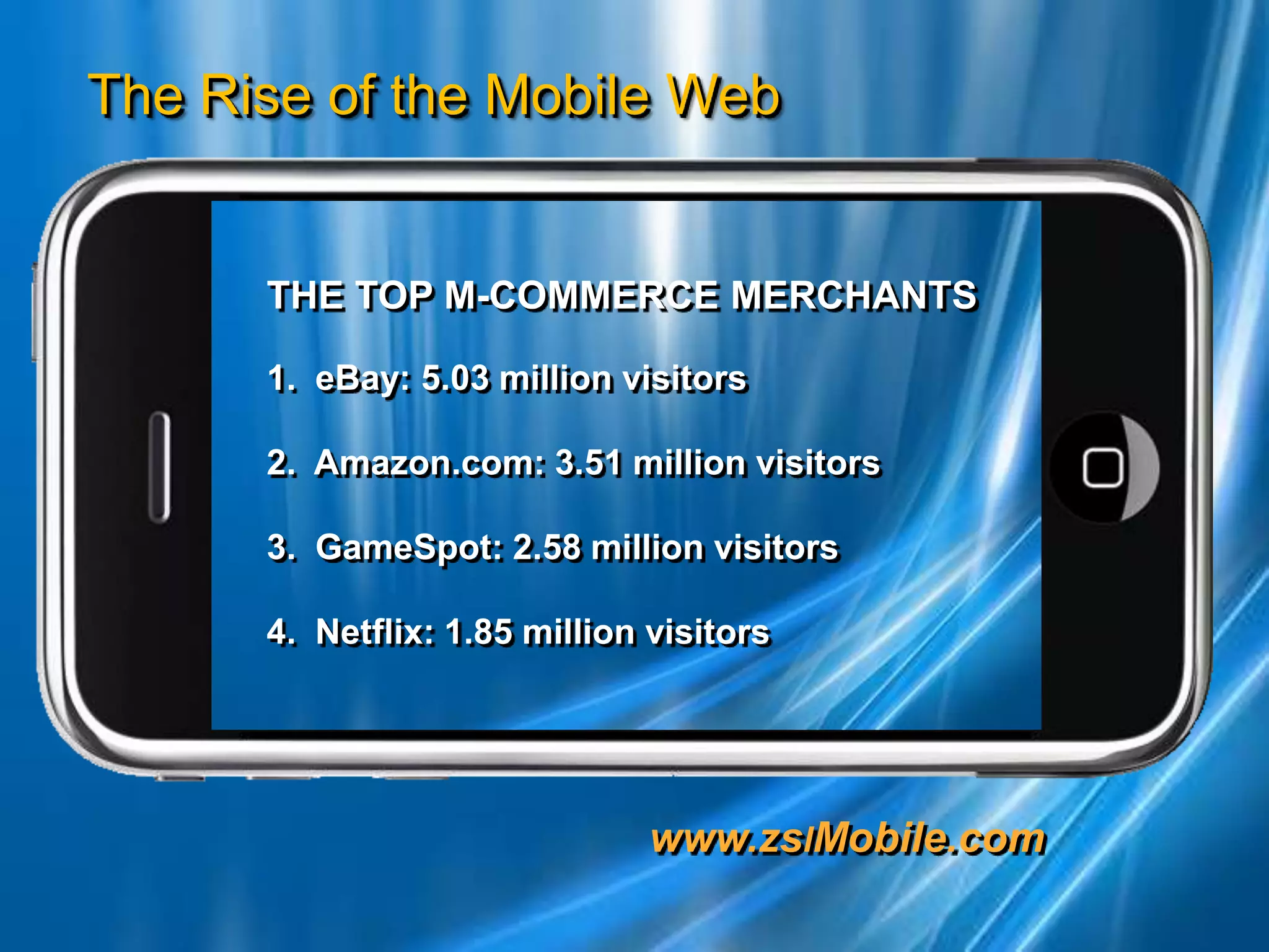THE TOP M-COMMERCE MERCHANTS   eBay: 5.03 million visitors2.  Amazon.com: 3.51 million visitors 3.  GameSpot: 2.58 million visitors4.  Netflix: 1.85 million visitors