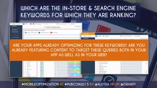 #MOBILEOPTIMIZATION AT #PUBCON2015 BY @ALEYDA FROM @ORAINTI
WHICH ARE THE IN-STORE & SEARCH ENGINE
KEYWORDS FOR WHICH THEY...