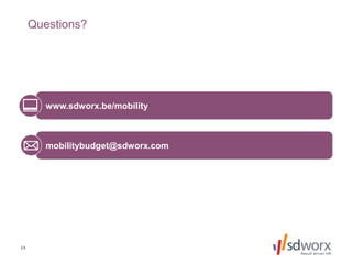 www.sdworx.be/mobiliteit
mobiliteitsbudget@sdworx.com
24
Questions?
www.sdworx.be/mobility
mobilitybudget@sdworx.com
 