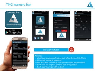 Features:
— Warehouse structure defined on back-office: Section-Aisle-Shelve
— All barcode standards supported
— May work with commercial smartphone (rugged recommended)
— Stock units and height is gathered from every product
— Stock reporting. Exportable to Excel.
Visit us on youtube !!
 