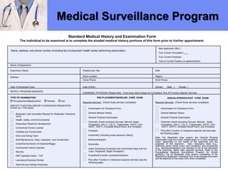 Name, address, and phone number (including fax) of physician/ health center performing examination:
New Applicants ONLY:
Your Current Occupation:____
Your Current Employer:
Time in Current Position (in years/months):
Name of Department:
Examinee’s Name: Position/Job Title: SS#
Address: Work Location: Region:
Home Phone: Work Phone:
Date of Scheduled Exam: Date of Birth: Gender: Male Female
REPSOL PROGRAM MANAGER
EXAMINING PHYSICIAN (Please Note - Core Exam Must Always be Completed, Plus All Function-Specific Services
TYPE OF EXAMINATION
o Pre-placement/Baseline/Exit o Periodic o Exit
SPECIFY FUNCTION AND/OR CLEARANCES REQUESTED
(Check ALL That Apply)
Respirator User [complete Request for Respirator Clearance
form]
Health, Safety, and Environmental
Subsurface Reservoir Development
Commercial Drivers License
Facilities and Construction
Diver and Diving Team
Well Maintenance, Deck, Inspection, and Construction
Crane/Derrick/Aerial Lift Operator/Rigger
Commercial Vehicle Operator
Security
E&P Operated Asset – TSP
Laboratory/Chemical Worker
Well Drill and Oil/Gas Production
PRE-PLACEMENT/BASELINE CORE EXAM
Required Services: (Check those services completed)
Authorization for Disclosure Form
General Medical History
General Physical Examination
Chemistry Panel (including Glucose, Bilirubin (total),
Cholesterol, HDL-C, LDL-C, Triglycerides, GGTP, LDH,
SGOT, SGPT), Complete Blood Count, and Urinalysis
Urinalysis
Audiometry (including noise exposure history)
Electrocardiogram
Spirometry
Vision Screening (Corrected and Uncorrected Near and Far;
Color; Peripheral; Depth Perception)
Drug/Alcohol screen (cocaine/marijuana)
Plus other Function or Clearance-required services (see the
following page)
ANNUAL/PERIODIC/EXIT CORE EXAM
Required Services: (Check those services completed)
Authorization for Disclosure Form
General Medical History
General Physical Examination
Chemistry Panel (including Glucose, Bilirubin (total),
Cholesterol, HDL-C, LDL-C, Triglycerides, GGTP, LDH,
SGOT, SGPT), Complete Blood Count, and Urinalysis
Plus other Function or Clearance-required services (see
the following page)
Note: For Respirator User exams, the General Physical
Examination may be a brief, limited exam or a more extensive
exam, depending on the health of the examinee and the
judgment of the examiner. Also, laboratory tests (e.g.,
chemistry panel, blood count, and urinalysis) and procedures
(e.g., electrocardiograms) are intended to be at the discretion
of the examiner, rather than required services. Refer to the
Occupational Medicine Surveillance Program for further
guidance. For all Respirator User exams, completion of the
Request for Respirator Clearance form must precede this exam
and be attached to this exam form when completed.
Medical Surveillance Program
Standard Medical History and Examination Form
The individual to be examined is to complete the shaded medical history portions of this form prior to his/her appointment.
 