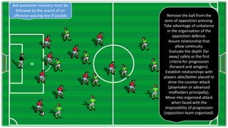 Ball possesion recovery must be
followed by the search of an
offensive passing line if posible Remove the ball from the
zone of opposition pressing.
Take advantage of unbalance
in the organisation of the
opposition defence.
Assure relationship that
allow continuity.
Evaluate the depth (far
away) safely as the first
criteria for progression
(forward and wingers).
Establish relationships with
players able/better placed to
drive the counter-attack
(playmaker or advanced
midfielders principally).
Move into organised attack
when faced with the
impossibility of progression
(opposition team organised).
 
