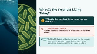 What Is the Smallest Living
Thing?
"What is the smallest living thing you can
think of?"
Think-Pair-Share — Activity #1
Turn to a partner and answer in 30 seconds. Be ready to
share.
Teacher
Note:
Cold-call 2–3 pairs; bridge their answers to the concept
that ALL living things — regardless of size — share
something fundamental: they are made of cells. [6]
2
 