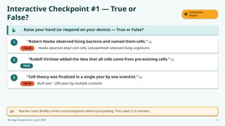 Interactive Checkpoint #1 — True or
False?
Formative
Check
Raise your hand (or respond on your device) — True or False?
1 "Robert Hooke observed living bacteria and named them cells." [6]
FALSE Hooke observed dead cork cells; Leeuwenhoek observed living organisms
2 "Rudolf Virchow added the idea that all cells come from pre-existing cells." [3]
TRUE
3 "Cell theory was finalized in a single year by one scientist." [4]
FALSE Built over ~200 years by multiple scientists
Teacher note: Briefly correct misconceptions before proceeding. This takes 2–3 minutes.
Biology Department | June 2026 5
 