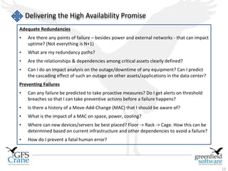 13 
Delivering the High Availability Promise 
Adequate Redundancies 
• Are there any points of failure – besides power and external networks - that can impact 
uptime? (Not everything is N+1) 
• What are my redundancy paths? 
• Are the relationships & dependencies among critical assets clearly defined? 
• Can I do an impact analysis on the outage/downtime of any equipment? Can I predict 
the cascading effect of such an outage on other assets/applications in the data center? 
Preventing Failures 
• Can any failure be predicted to take proactive measures? Do I get alerts on threshold 
breaches so that I can take preventive actions before a failure happens? 
• Is there a history of a Move-Add-Change (MAC) that I should be aware of? 
• What is the impact of a MAC on space, power, cooling? 
• Where can new devices/servers be best placed? Floor -> Rack -> Cage. How this can be 
determined based on current infrastructure and other dependencies to avoid a failure? 
• How do I prevent a fatal human error? 
 