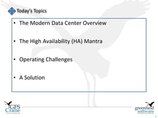 4 
Today’s Topics 
• The Modern Data Center Overview 
• The High Availability (HA) Mantra 
• Operating Challenges 
• A Solution 
 