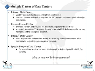 6 
Multiple Classes of Data Centers 
• Internet Data Center 
 used by external clients connecting from the Internet 
 supports servers and devices required for B2C transaction-based applications (e-commerce). 
• Extranet Data Center 
 provides support and services for external B2B partner transactions. 
 accessed over secure VPN connections or private WAN links between the partner 
network and the enterprise extranet. 
• Intranet Data Center 
 hosts applications and services mostly accessed by internal employees with 
connectivity to the internal enterprise network. 
ness services. 
• Special Purpose Data Center 
 For specialized application areas like Geological & Geophysical for Oil & Gas 
Industry 
May or may not be inter-connected 
 