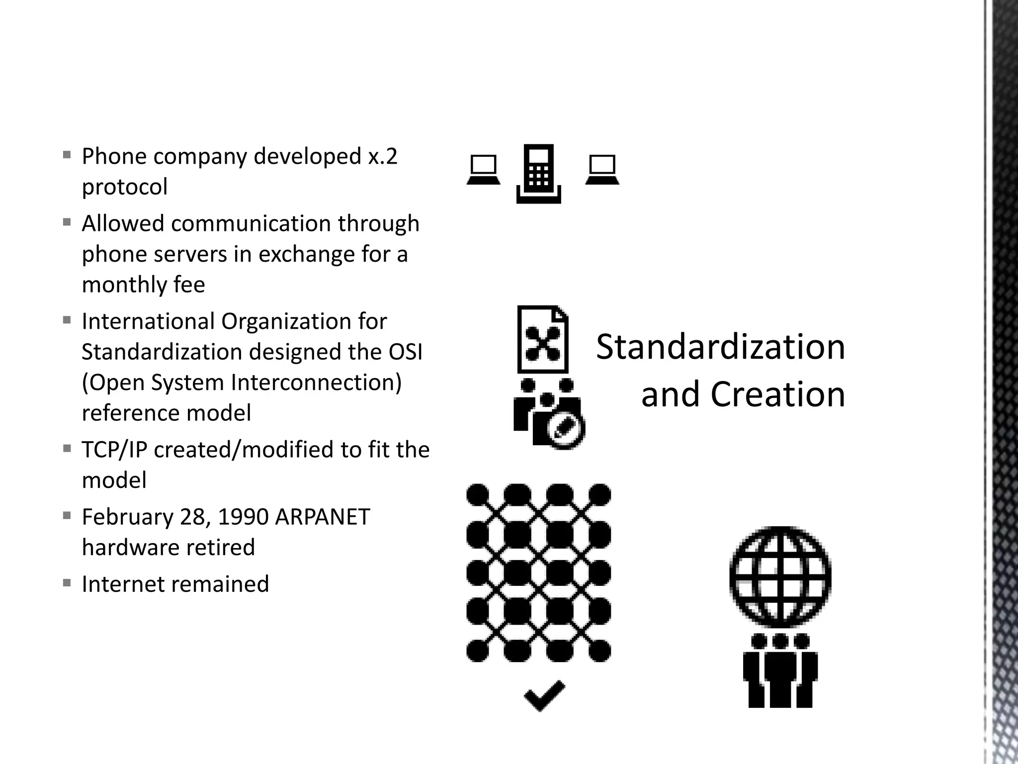 Phone company developed x.2 protocolAllowed communication through phone servers in exchange for a monthly feeInternational Organization for Standardization designed the OSI (Open System Interconnection) reference modelTCP/IP created/modified to fit the modelFebruary 28, 1990 ARPANET hardware retiredInternet remainedStandardization and Creation
