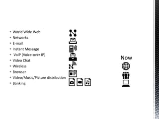 World Wide WebNetworksE-mailInstant MessageVoIP (Voice-over IP)Video ChatWirelessBrowserVideo/Music/Picture distributionBankingNow
