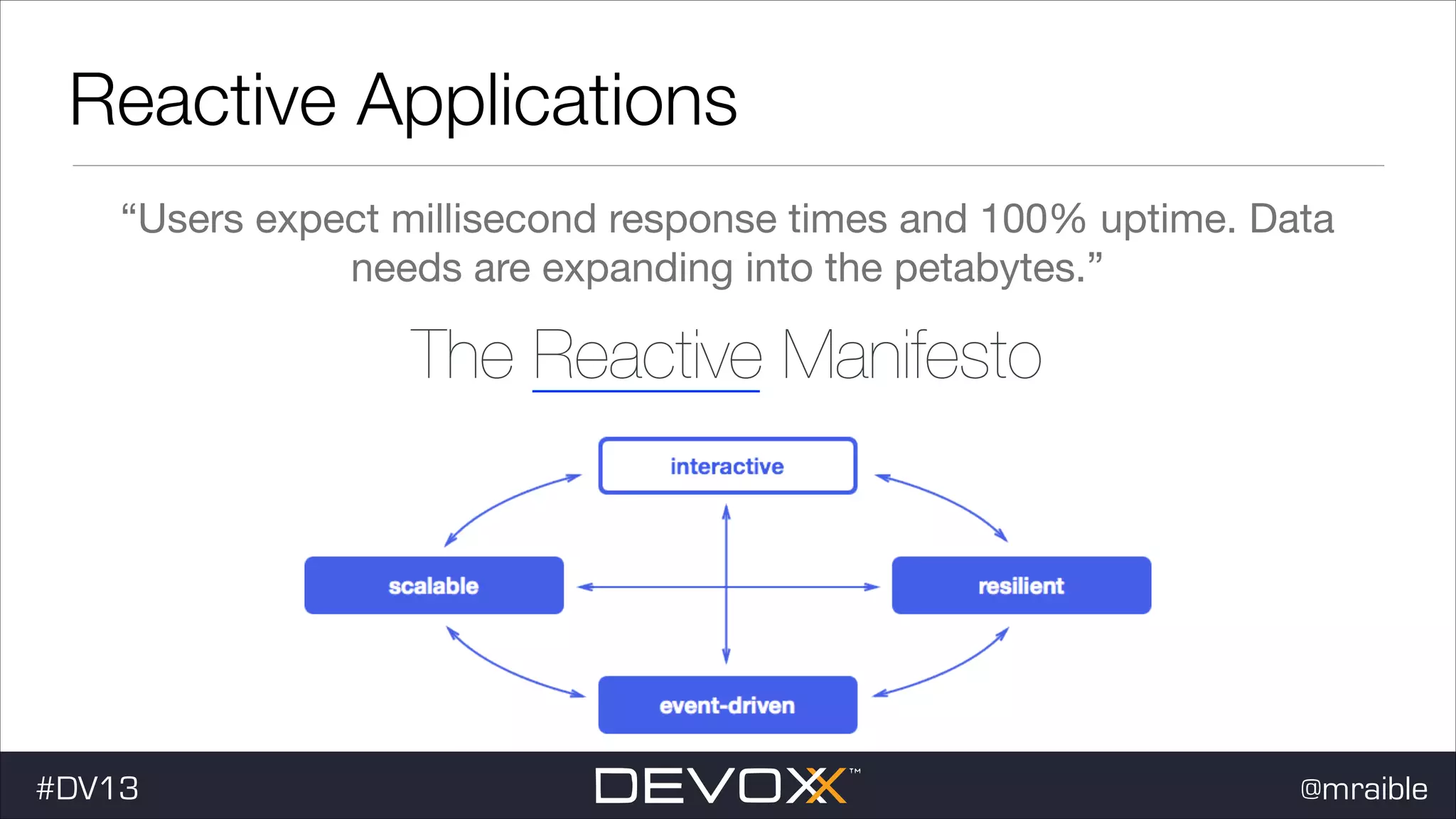 Reactive Applications “Users expect millisecond response times and 100% uptime. Data needs are expanding into the petabytes.” The Reactive Manifesto #DV13 @mraible 