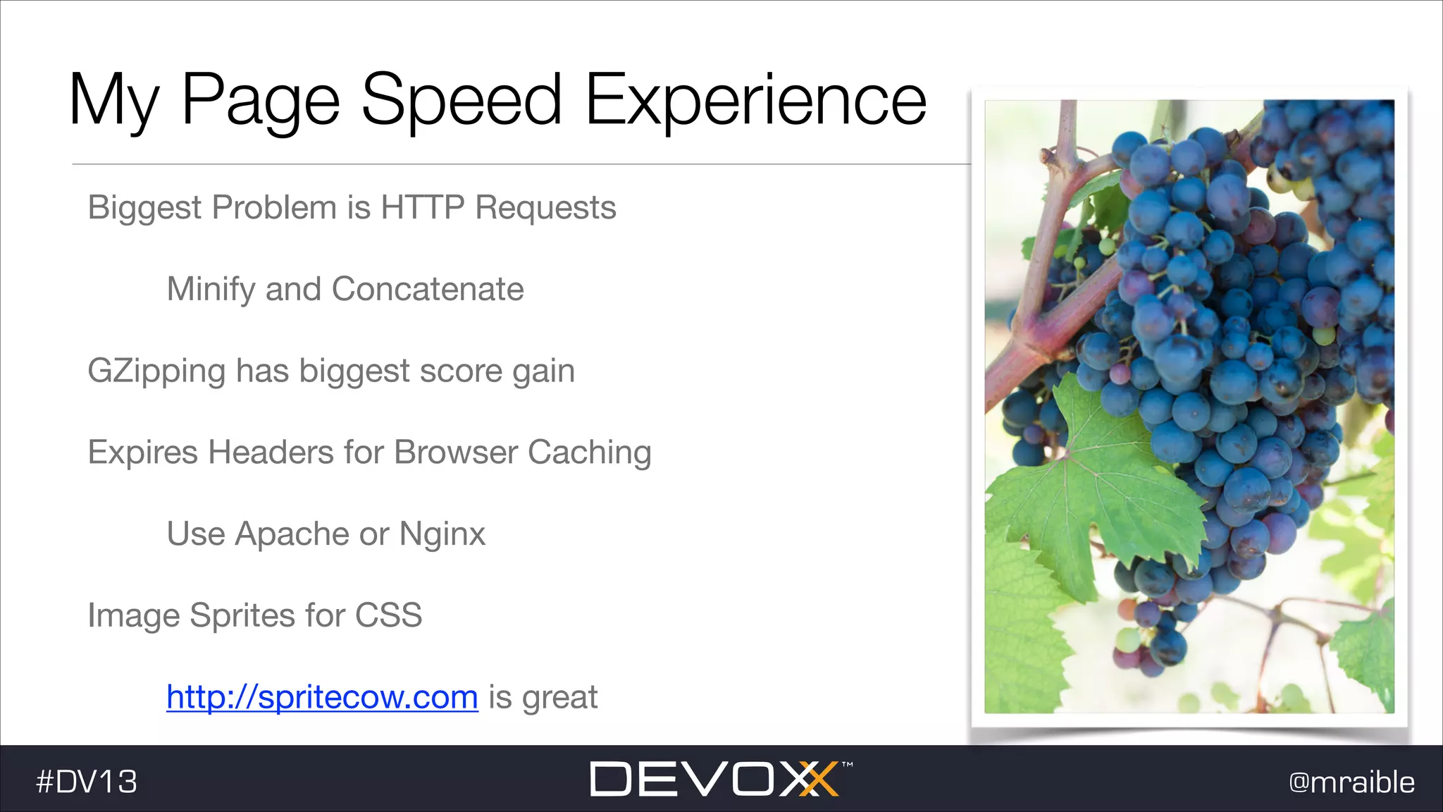 My Page Speed Experience Biggest Problem is HTTP Requests Minify and Concatenate GZipping has biggest score gain Expires Headers for Browser Caching Use Apache or Nginx Image Sprites for CSS http://spritecow.com is great #DV13 @mraible 