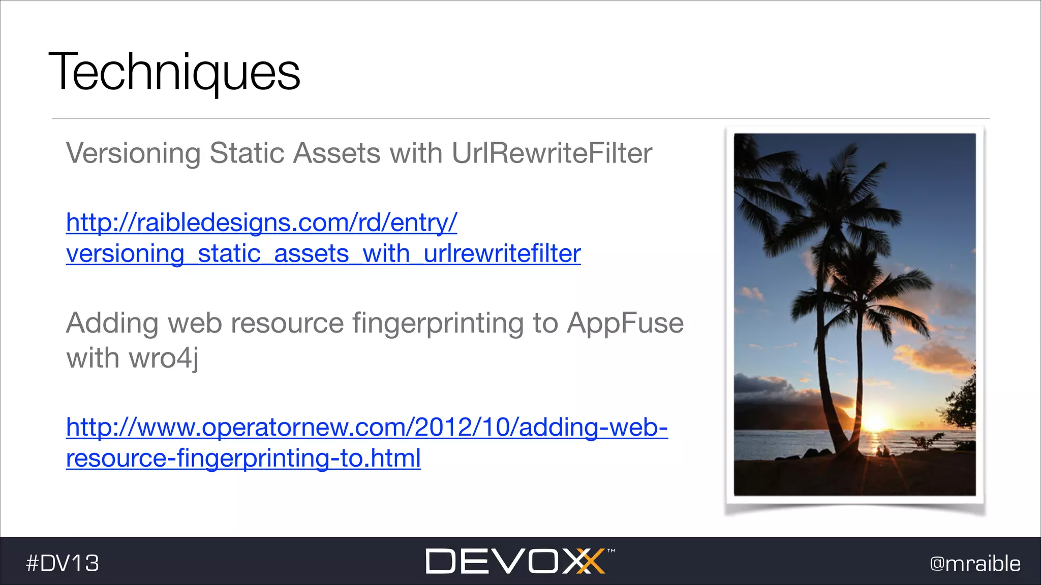 Techniques Versioning Static Assets with UrlRewriteFilter http://raibledesigns.com/rd/entry/ versioning_static_assets_with_urlrewriteﬁlter Adding web resource ﬁngerprinting to AppFuse with wro4j http://www.operatornew.com/2012/10/adding-webresource-ﬁngerprinting-to.html #DV13 @mraible 