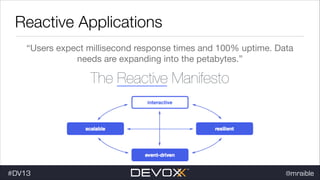 Reactive Applications
“Users expect millisecond response times and 100% uptime. Data
needs are expanding into the petabytes.”


The Reactive Manifesto

#DV13

@mraible

 