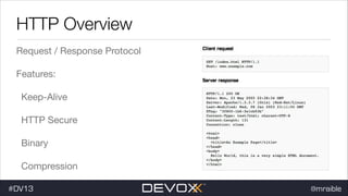 HTTP Overview
Request / Response Protocol

Features:

Keep-Alive

HTTP Secure

Binary

Compression
#DV13

@mraible

 