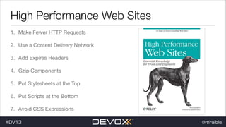 High Performance Web Sites
1. Make Fewer HTTP Requests

2. Use a Content Delivery Network

3. Add Expires Headers

4. Gzip Components

5. Put Stylesheets at the Top

6. Put Scripts at the Bottom

7. Avoid CSS Expressions

#DV13

@mraible

 