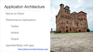 Application Architecture
Server to Client

Performance implications

Twitter

Airbnb

Charm

Ajaxiﬁed Body with pjax
https://github.com/defunkt/jquery-pjax

 