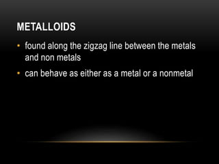 METALLOIDS
• found along the zigzag line between the metals
and non metals
• can behave as either as a metal or a nonmetal
 