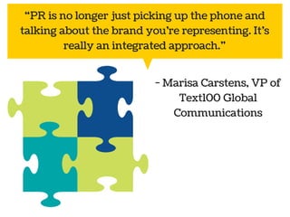 “PR is no longer just picking up the phone and 
talking about the brand you’re representing. It’s 
really an integrated approach.” 
Public 
relations 
- Marisa Carstens, VP of 
Text100 Global 
Communications 
Social Marketing 
media 
 