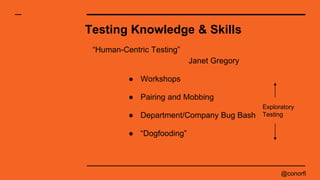 @conorfi
Testing Knowledge & Skills
“Human-Centric Testing”
Janet Gregory
● Workshops
● Pairing and Mobbing
● Department/C...