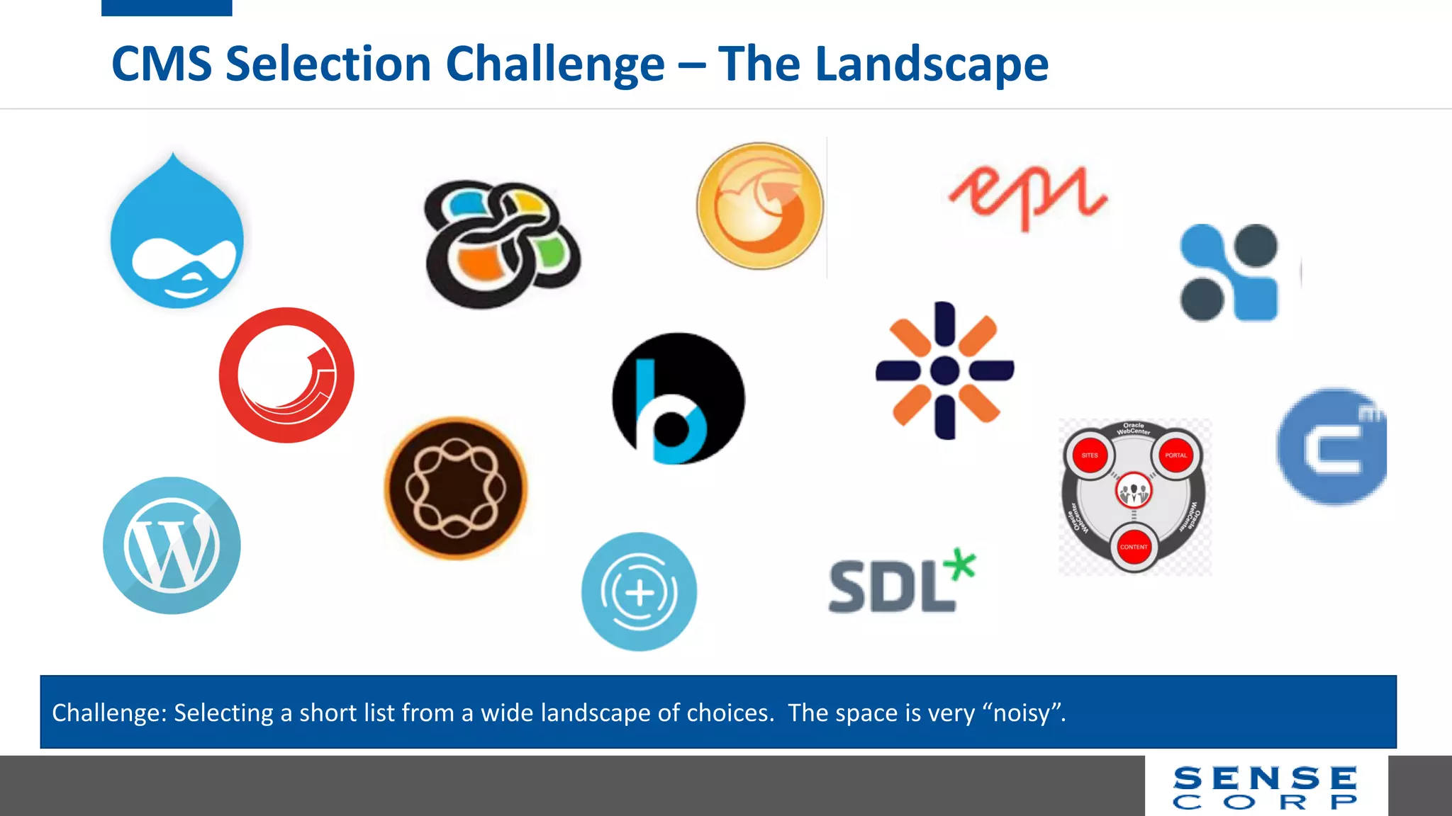CMS Selection Challenge – The Landscape
Challenge: Selecting a short list from a wide landscape of choices. The space is very “noisy”.
 