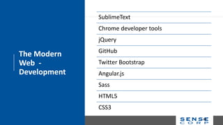 The Modern
Web -
Development
SublimeText
Chrome developer tools
jQuery
GitHub
Twitter Bootstrap
Angular.js
Sass
HTML5
CSS3
20
 