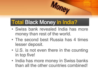 Total Black Money in India?
• Swiss bank revealed India has more
money than rest of the world.
• The second best Russia has 4 times
lesser deposit.
• U.S. is not even there in the counting
in top five!
• India has more money in Swiss banks
than all the other countries combined!
 