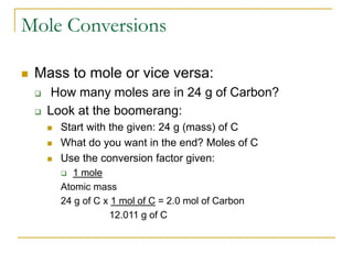 Mole Conversions
 Mass to mole or vice versa:
 How many moles are in 24 g of Carbon?
 Look at the boomerang:
 Start with the given: 24 g (mass) of C
 What do you want in the end? Moles of C
 Use the conversion factor given:
 1 mole
Atomic mass
24 g of C x 1 mol of C = 2.0 mol of Carbon
12.011 g of C
 