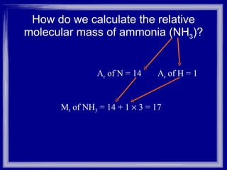 How do we calculate the relative molecular mass of ammonia (NH 3 )? A r  of N = 14 A r  of H = 1 M r  of NH 3  = 14 + 1    3 = 17 