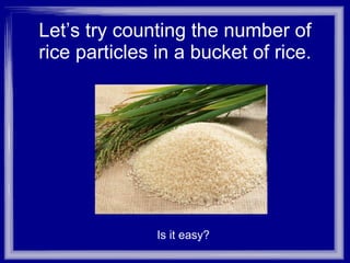 Let’s try counting the number of rice particles in a bucket of rice. Is it easy? 