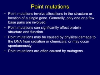 Point mutations
• Point mutations involve alterations in the structure or
location of a single gene. Generally, only one or a few
base pairs are involved.
• Point mutations can signficantly affect protein
structure and function
• Point mutations may be caused by physical damage to
the DNA from radiation or chemicals, or may occur
spontaneously
• Point mutations are often caused by mutagens
 