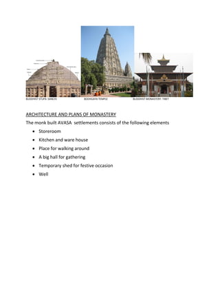 BUDDHIST STUPA :SANCHI BODHGAYA TEMPLE BUDDHIST MONASTERY: TIBET
ARCHITECTURE AND PLANS OF MONASTERY
The monk built AVASA settlements consists of the following elements
 Storeroom
 Kitchen and ware house
 Place for walking around
 A big hall for gathering
 Temporary shed for festive occasion
 Well
 