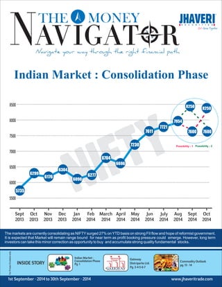 Indian Market : Consolidation Phase  
NIFTY 
Indian Market :  
Consolidation Phase   
Pg. 1  
1st September - 2014  to  30th September - 2014  
Gateway  
Distriparks Ltd. 
Pg. 3-4-5-6-7 
8250 
7600 
Possibility - 1  Possibility - 2  
Commodity Outlook 
pg. 13 - 14 
Sept 
2013 
Oct 
2013 
Nov 
2013  
Dec 
2013 
Jan 
2014 
Feb 
2014   
March 
2014 
April 
2014 
May 
2014 
Jun 
2014 
July 
2014 
Aug 
2014  
Sept 
2014 
Oct 
2014 
8500 
8000 
7500 
7000 
6500 
6000 
5500 
6299 6176 
6304 
6090 
6277 
6704 
6696 
7230 
7611 
7721 
7954 
7600 
8250 
5735 
The markets are currently consolidating as NIFTY surged 27% on YTD basis on strong FII flow and hope of reformist government.  
It is expected that Market will remain range bound  for near term as profit booking pressure could  emerge. However, long term  
investors can take this minor correction as opportunity to buy  and accumulate strong quality fundamental  stocks.  
1st September - 2014 to 30th September - 2014                                                                                              www.jhaveritrade.com    
 