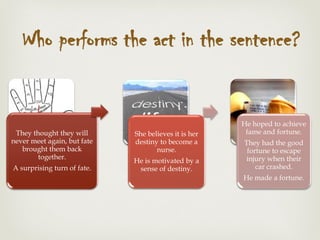 Who performs the act in the sentence?
They thought they will
never meet again, but fate
brought them back
together.
A surprising turn of fate.
She believes it is her
destiny to become a
nurse.
He is motivated by a
sense of destiny.
He hoped to achieve
fame and fortune.
They had the good
fortune to escape
injury when their
car crashed.
He made a fortune.
 