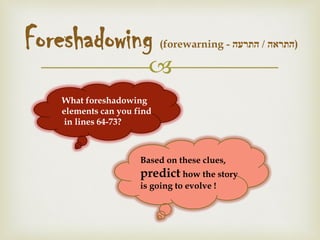 
Foreshadowing (forewarning ‫התראה‬/‫התרעה‬- )
What foreshadowing
elements can you find
in lines 64-73?
Based on these clues,
predict how the story
is going to evolve !
 
