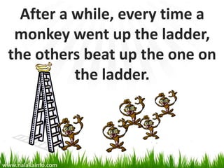 After a while, every time a
  monkey went up the ladder,
 the others beat up the one on
           the ladder.




www.nalakainfo.com
 