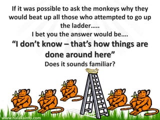If it was possible to ask the monkeys why they
   would beat up all those who attempted to go up
                      the ladder…..
            I bet you the answer would be….
    “I don’t know – that’s how things are
              done around here”
                     Does it sounds familiar?




www.nalakainfo.com
 
