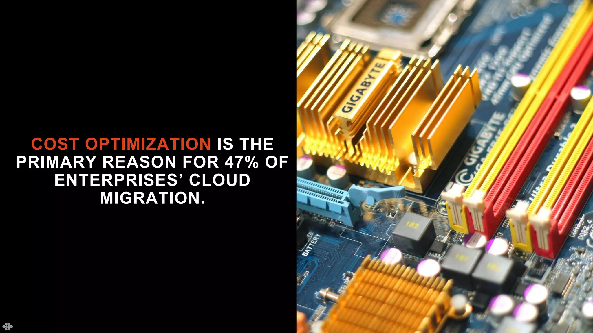 COST OPTIMIZATION IS THE
PRIMARY REASON FOR 47% OF
ENTERPRISES’ CLOUD
MIGRATION.
 