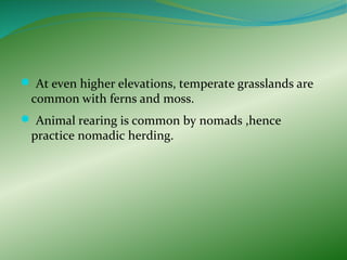  At even higher elevations, temperate grasslands are

common with ferns and moss.

 Animal rearing is common by nomads ,hence

practice nomadic herding.

 
