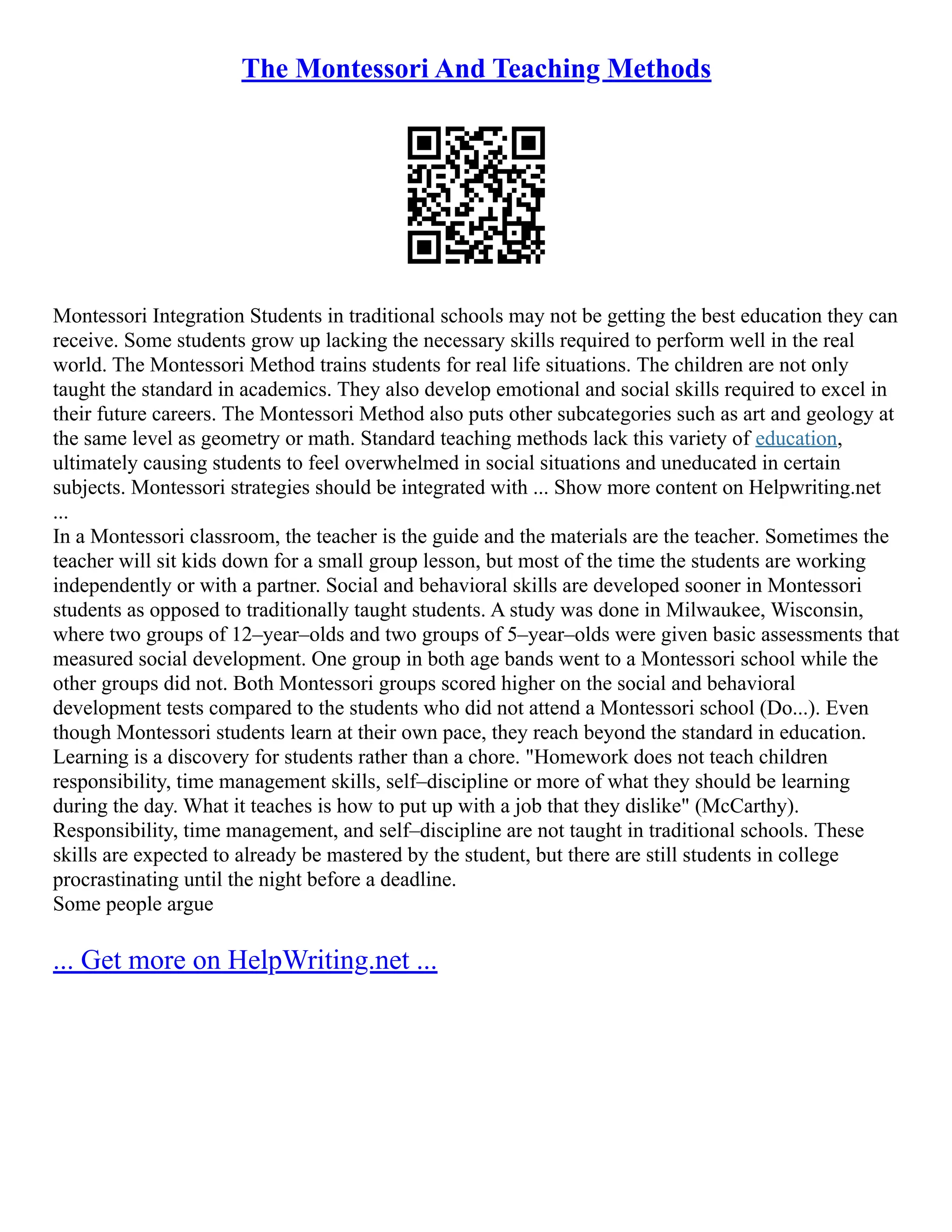The Montessori And Teaching Methods | PDF