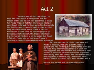 Act 2
              This scene begins in Proctors living room,
eight days later. Proctor is eating dinner with Mrs.
Proctor, and he tells her that he is determined to please
her. Proctor finds out that Mary Warren went into town
even though he forbade her from going. Mrs. Proctor tells
him that there was no way she could stop her, and that
Mary went because she was an official of the court.
Proctor finds out that there are fourteen people in jail
being accused of witchcraft. Mrs. Proctor tells Proctor
that he must go into town to tell the people that Abigail
is faking it. Proctor tells her that he can’t prove it
because there weren’t other people with him and Abigail.
                                                         Mary warren comes back to Proctors house and
                                                 Proctor is noticeably mad. She gives Mrs. Proctor a
                                                 “poppet” and Mrs. Proctor puts it on the mantle above the
                                                 fire place. Mary tells them about the day in court and
                                                 what happened. She tells them that Mrs. Proctor has been
                                                 accused of witchcraft. Reverend Hale comes to proctors
                                                 house asking about Mrs. Proctor. Hale talks to them about
                                                 what happened in court that day. Cheever and Herrick
                                                 come to Proctors house and try to arrest Elizabeth with a

                                              warrant. The act ends with the arrest of Elizabeth.
 