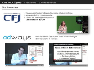 1. The MOOC Agency

2. Nos Métiers

3. Notre démarche

Nos Partenaires
• Equipes professionnelles de tournage et de montage
• Matériel de très bonne qualité
• Studio de tournage à disposition :
La NewsRoom du CFJ

Enrichissement des vidéos avec la technologie
d’interaction « in-video » :

 