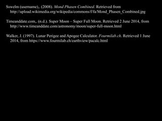 Sswelm (username),. (2008). Mond Phasen Combined. Retrieved from
http://upload.wikimedia.org/wikipedia/commons/f/fa/Mond_Phasen_Combined.jpg
Timeanddate.com,. (n.d.). Super Moon – Super Full Moon. Retrieved 2 June 2014, from
http://www.timeanddate.com/astronomy/moon/super-full-moon.html
Walker, J. (1997). Lunar Perigee and Apogee Calculator. Fourmilab.ch. Retrieved 1 June
2014, from https://www.fourmilab.ch/earthview/pacalc.html
 