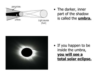 The darker, inner part of the shadow is called the  umbra. If you happen to be inside the umbra,  you will see a total solar eclipse. 